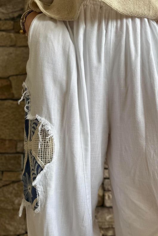 Lindin Linen Blend Crochet Flower Barrel Pant White